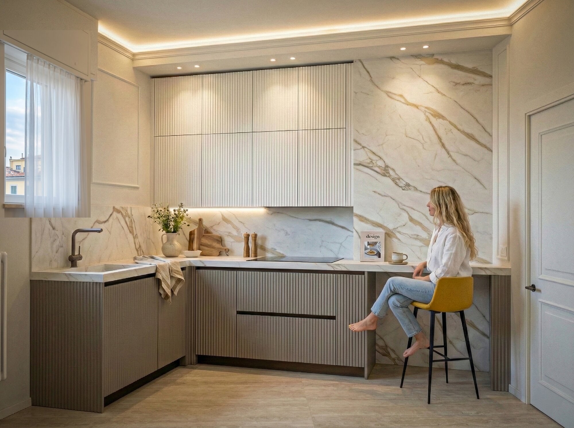 Cucina contemporanea con fresature verticali e marmo statuario — render
